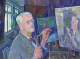 Selbstbildnis mit malender Hand, im Hintergrund Werkstatt by Conrad Felixmüller, 1966, Oil on canvas, sold Apr 2009