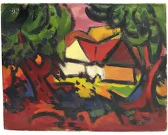 Rudolf Bredow, Häuser im Wald, 1960, Oil on burlap