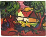 Rudolf Bredow, Häuser im Wald, 1960, Oil on burlap