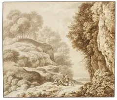 Ferdinand Kobell, Rastende Wanderer in felsiger Landschaft, Brush and ink drawing