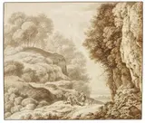 Ferdinand Kobell, Rastende Wanderer in felsiger Landschaft, Brush and ink drawing