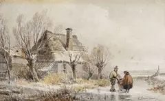 Andreas Schelfhout, Zugeschrieben - Gehöft in Winterlandschaft, Watercolour