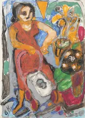 Wilhelm Hillern-Flinsch, Blumenfrau mit Kinderwagen, 1954, Gouache