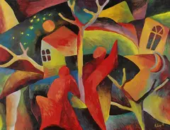 Arnold Topp, Landschaft mit roten Gestalten, 1918, Oil