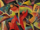 Arnold Topp, Landschaft mit roten Gestalten, 1918, Oil