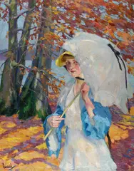 Dame mit Sonnenschirm im Herbstlaub am Ammersee by Edward Cucuel, 1914, Oil on canvas, sold Dec 2008