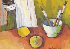Felix Nussbaum, Stilleben mit Maske, Apfel und Zitrone, 1936, Gouache