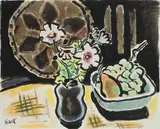 Stillleben mit Blumen und Früchteschale by Karl Schmidt-Rottluff, 1955, Brush and India ink, sold Dec 2008