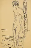 Stehender Mädchenakt vor geschnitztem Pfosten by Ernst Ludwig Kirchner, 1924, Pen and India ink drawing, sold Dec 2008