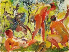 Ludwig Bock, Drei weibliche Akte im Wald, 1910, Oil on paper