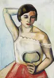 Josef Karl Nerud, Dreiviertelporträt einer Frau mit Handspiegel, 1930, Gouache