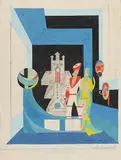 August Lange-Brock, Schaufensterentwurf: Die silbergrüne Dschunke, 1928, Gouache