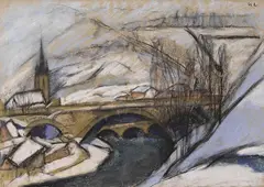Käthe Loewenthal, Winterlicher Gebirgsort mit Brücke, 1910, Coloured chalk