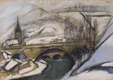Käthe Loewenthal, Winterlicher Gebirgsort mit Brücke, 1910, Coloured chalk