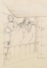 Franz Zureich, Zwei Damen am Balkon, 1932, Pencil drawing