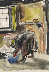 August Lange-Brock, Interieur mit Waschfrau, 1920, Watercolour