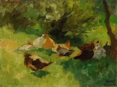 Thomas Herbst, Hühner im Garten, 1900, Oil