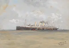 Hans Bohrdt, Schnelldampfer "Auguste Victoria" der HAPAG auf der Elbe vor Brunshausen, 1897, Gouache
