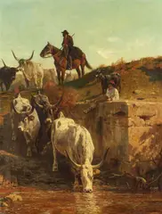 Jules Didier, Büffel an der Tränke, Oil on canvas
