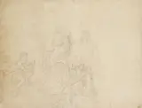 Wilhelm von Kaulbach, Drei antikisch gewandete Männer verlassen ein von einem Jungen gesteuertes Boot und werden von einem vierten begrüßt, 1840, Pencil drawing