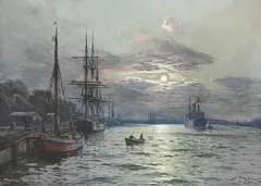Willy Stöwer, Mondnacht im Swinemünder Hafen, 1922, Watercolour