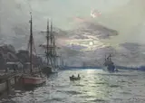 Willy Stöwer, Mondnacht im Swinemünder Hafen, 1922, Watercolour