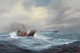Gerhard West, Frachter aus Rostock in Seenot, im Hintergrund ein Dampfer der Reederei Hamburg-Süd, 1980, Oil on canvas