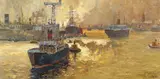 Erich Mercker, Sonnenglanz im Hamburger Hafen, 1950, Oil on canvas
