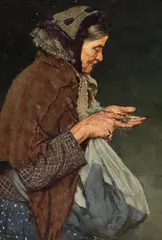 Fritz Schnitzler, Alte Frau, Münzen zählend, 1900, Oil