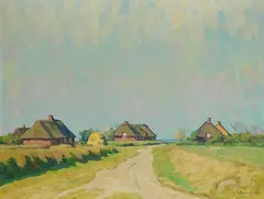 Albert Johannsen, Schobüll mit Heideblick, Oil on fibreboard