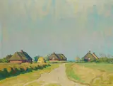 Albert Johannsen, Schobüll mit Heideblick, Oil on fibreboard