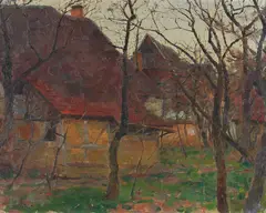 Georg Jauss, Fachwerkhäuser hinter Bäumen, 1900, Oil on canvas