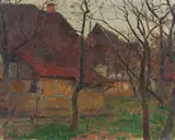 Georg Jauss, Fachwerkhäuser hinter Bäumen, 1900, Oil on canvas