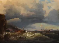 Johann Baptist Weiß, Schiffbruch an felsiger Küste, ein Raddampfer liegt in der Nähe, 1855, Oil on canvas