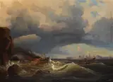 Johann Baptist Weiß, Schiffbruch an felsiger Küste, ein Raddampfer liegt in der Nähe, 1855, Oil on canvas