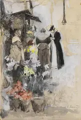 Ferdinand Schmutzer, Am Blumenstand, 1900, Pen and India ink