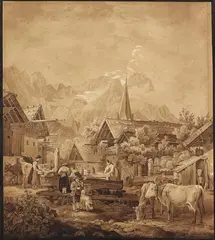 Friedrich Hohe, Dorf Partenkirchen mit Aussicht auf die Zugspitze, Pen and ink drawing