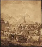Friedrich Hohe, Dorf Partenkirchen mit Aussicht auf die Zugspitze, Pen and ink drawing