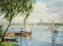 Gustav Burghardt, Außenalster mit Stadtansicht, 1959, Oil on canvas