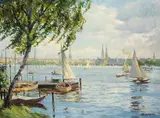 Gustav Burghardt, Außenalster mit Stadtansicht, 1959, Oil on canvas