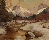 Robert Franz Curry, Bachlauf vor verschneitem Bergpanorama, Oil