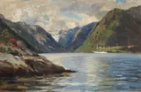 Heinrich Petersen-Flensburg, Norwegischer Fjord mit weißer Segel-Dampfyacht, 1900, Oil