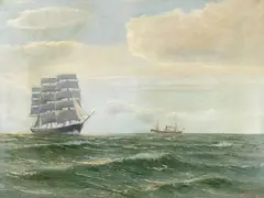 Franz Schaffner, Vollschiff und Dampfer auf See, 1902, Oil on canvas
