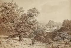 Ferdinand Keller, Waldlandschaft mit Reiter und Blick auf eine Burg, Brush and India ink