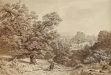 Ferdinand Keller, Waldlandschaft mit Reiter und Blick auf eine Burg, Brush and India ink