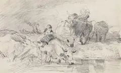 Anton Braith, Herde mit Hirtin an der Furt, Pencil drawing