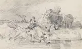 Anton Braith, Herde mit Hirtin an der Furt, Pencil drawing