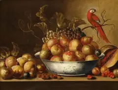 Monogrammist C.DH., Früchtestillleben mit Papagei, Oil on panel