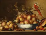 Monogrammist C.DH., Früchtestillleben mit Papagei, Oil on panel