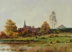 Eugène Galien-Laloue, Flusslandschaft mit Dorf, 1900, Oil on canvas